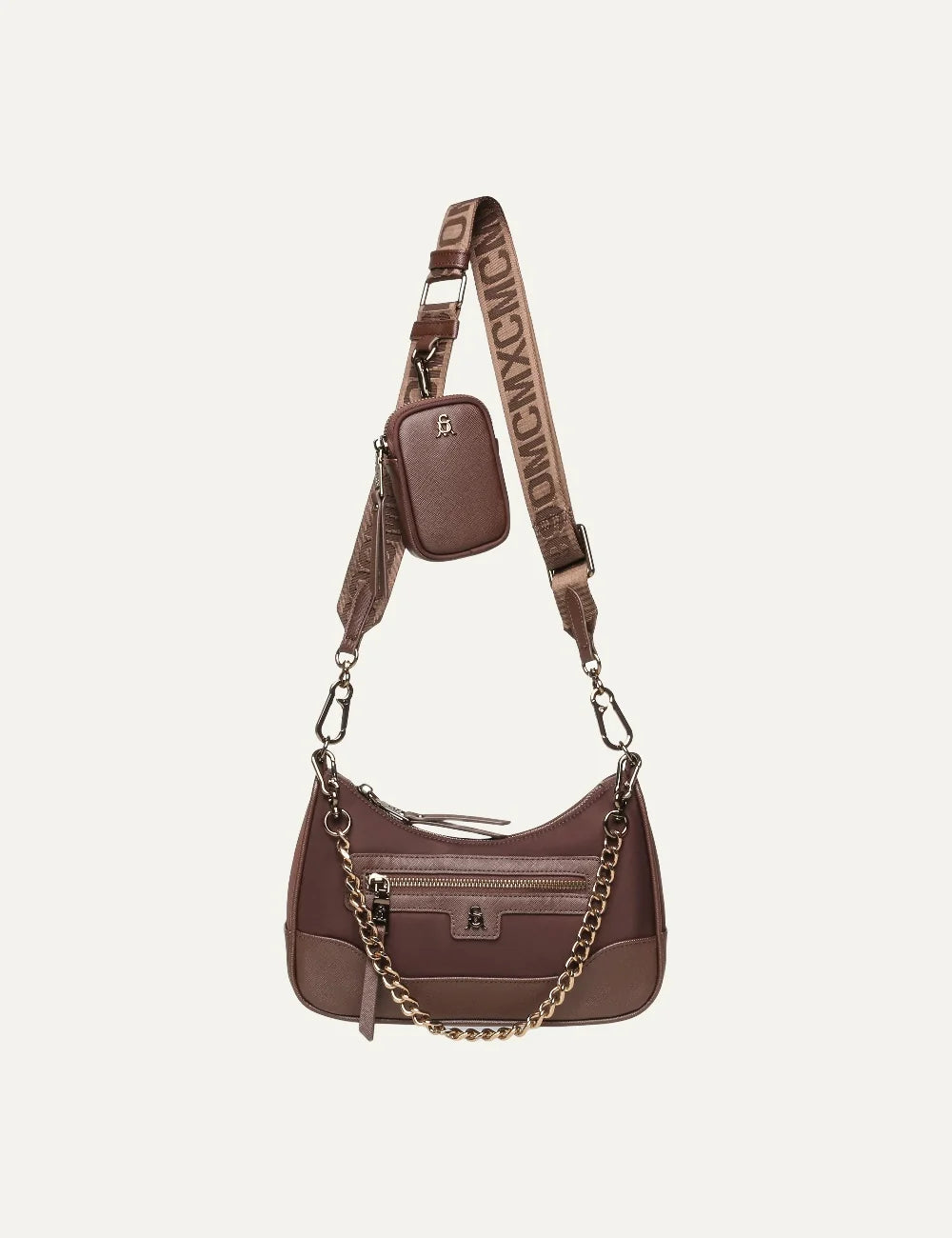 Steve Madden Bgreed women's chocolate brown synthetic shoulder bag with gold tone chain, front zip pocket, adjustable logo strap and detachable mini pouch, front view.