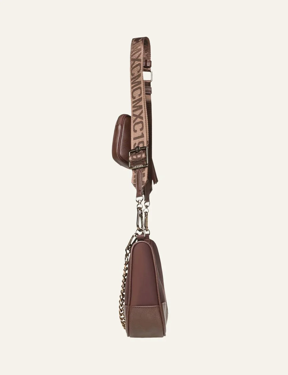 Steve Madden Bgreed women's chocolate brown synthetic shoulder bag with gold tone chain, front zip pocket, adjustable logo strap and detachable mini pouch, side view