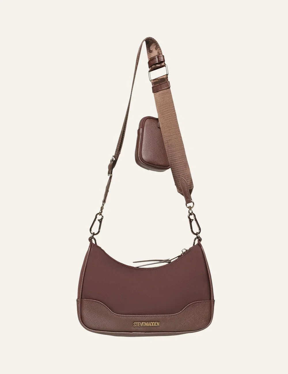 Steve Madden Bgreed women's chocolate brown synthetic shoulder bag with gold tone chain, front zip pocket, adjustable logo strap and detachable mini pouch, back view