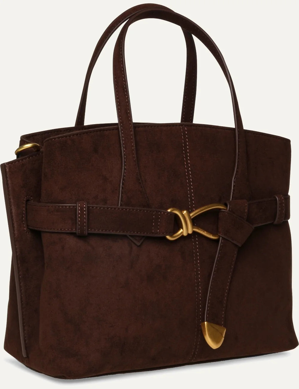 Steve Madden BJoplin women's chocolate brown structured tote handbag in suede effect synthetic material, featuring double top handles, front belted detail, gold tone knot hardware and hanging strap accent, side view
