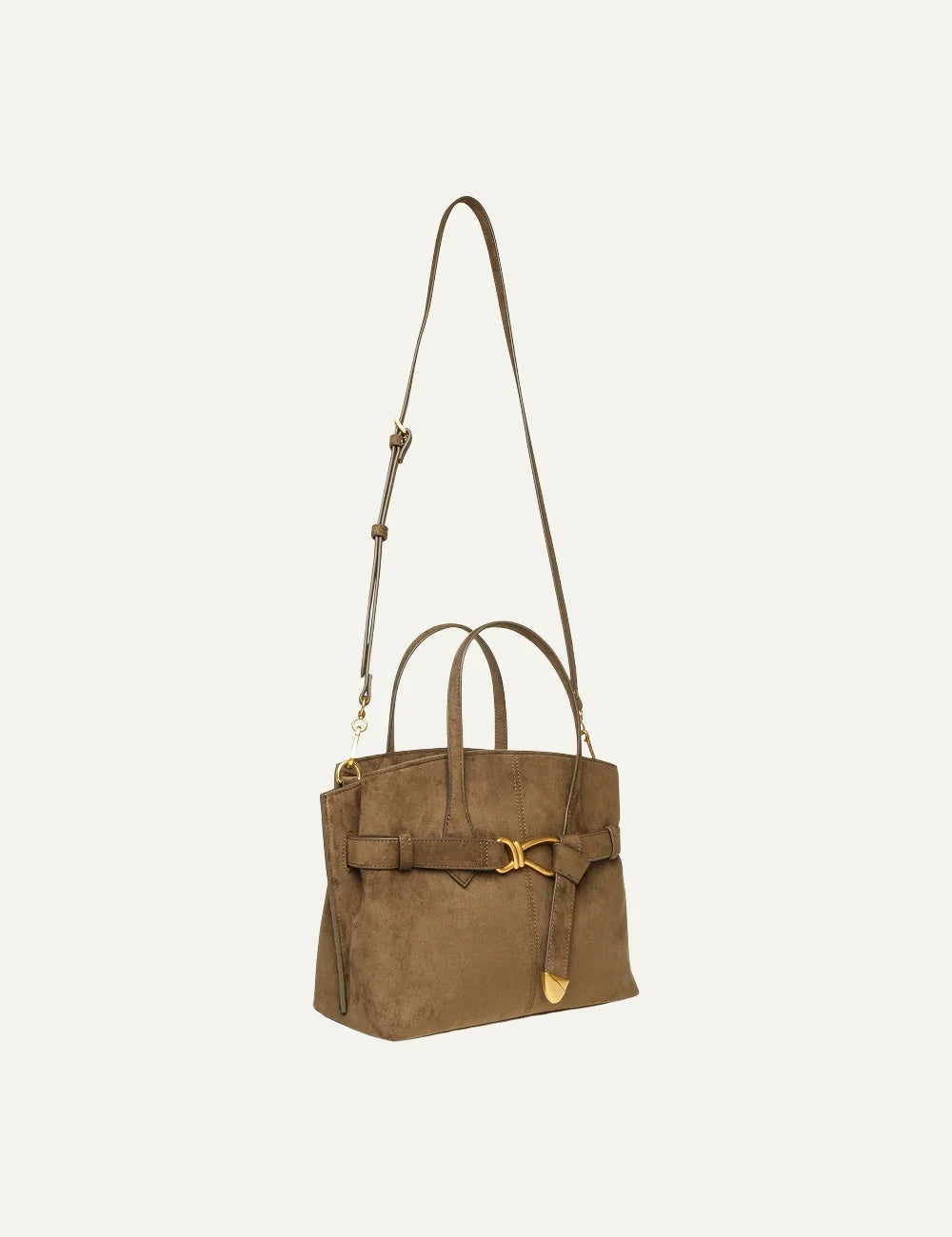 Steve Madden BJoplin women's olive green structured tote handbag in suede effect synthetic material, featuring double top handles, front belted detail, gold tone knot hardware and hanging strap accent, side view with strap