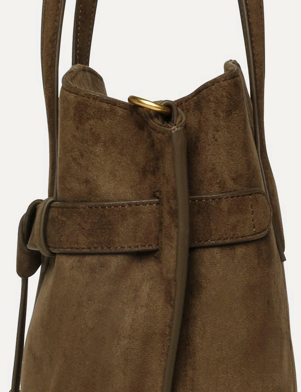 Steve Madden BJoplin women's olive green structured tote handbag in suede effect synthetic material, featuring double top handles, front belted detail, gold tone knot hardware and hanging strap accent, close up details