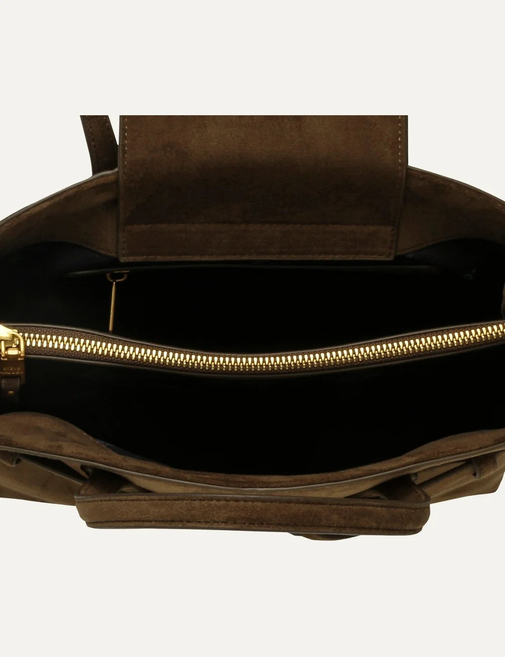 Steve Madden BJoplin women's olive green structured tote handbag in suede effect synthetic material, featuring double top handles, front belted detail, gold tone knot hardware and hanging strap accent, interior view