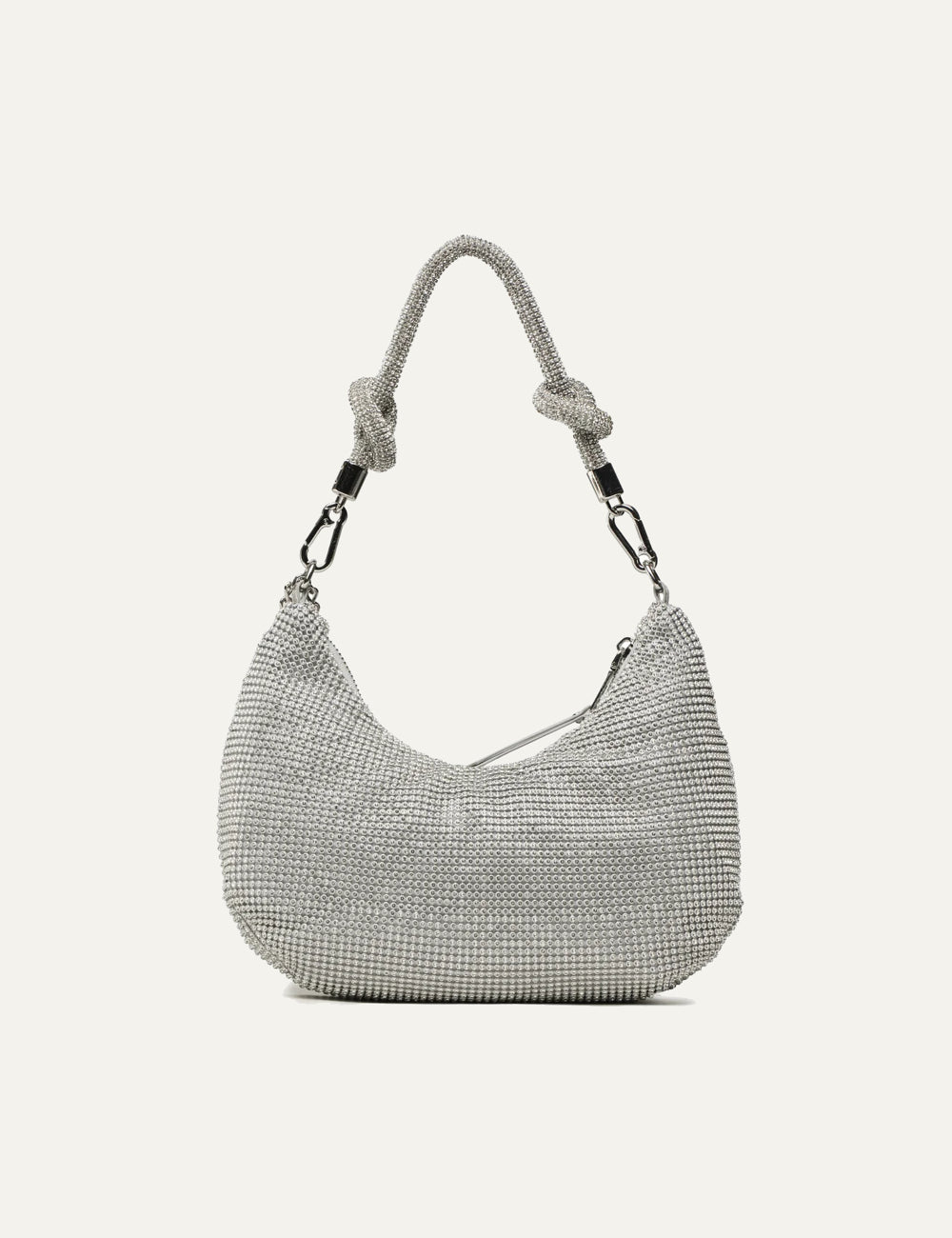 Steve Madden Bkaya women's silver rhinestone embellished shoulder bag with curved silhouette, detachable knotted rhinestone strap, silver tone hardware, side chain charm and top zipper, back view
