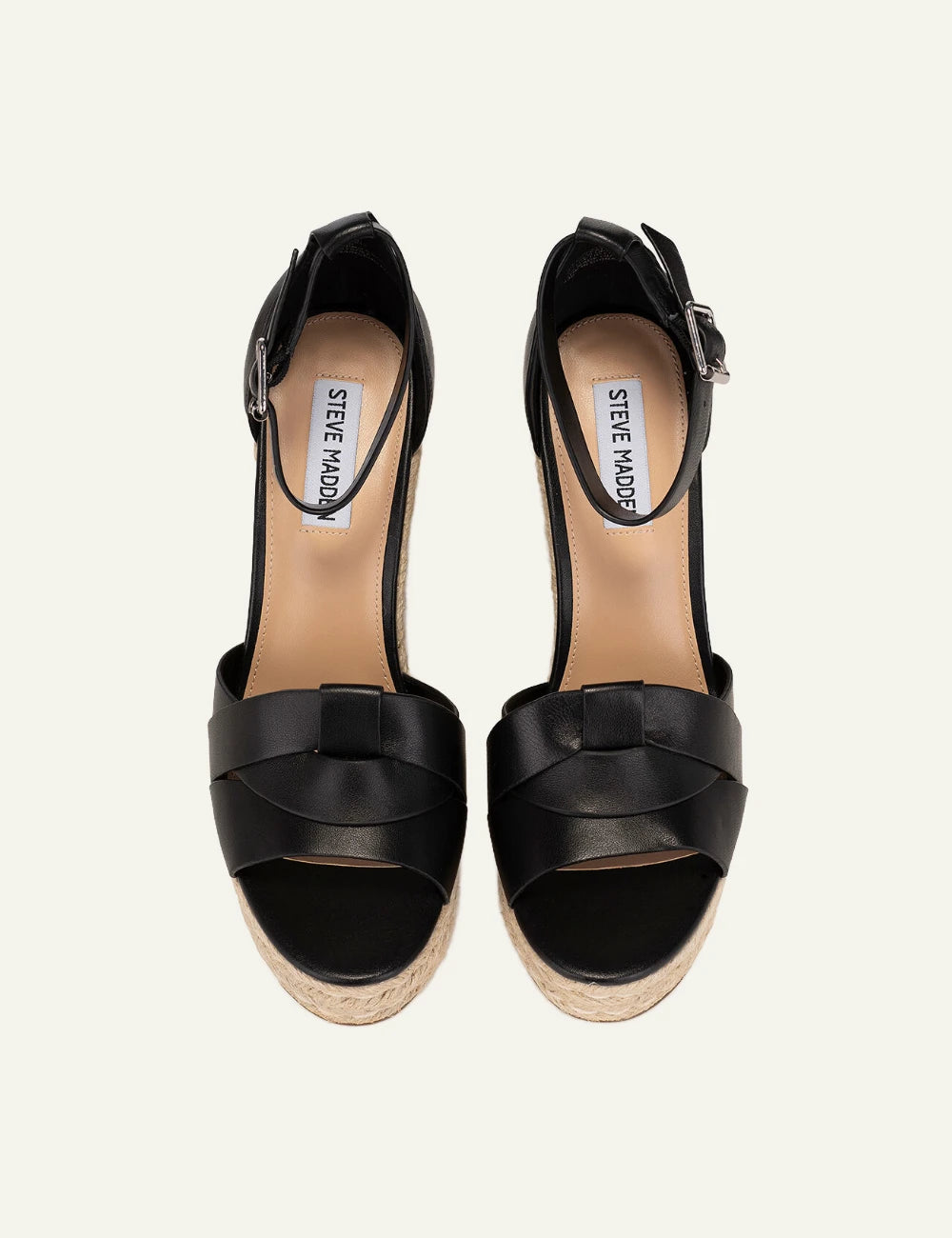 steve madden black leather wedge espadrille sandals top view