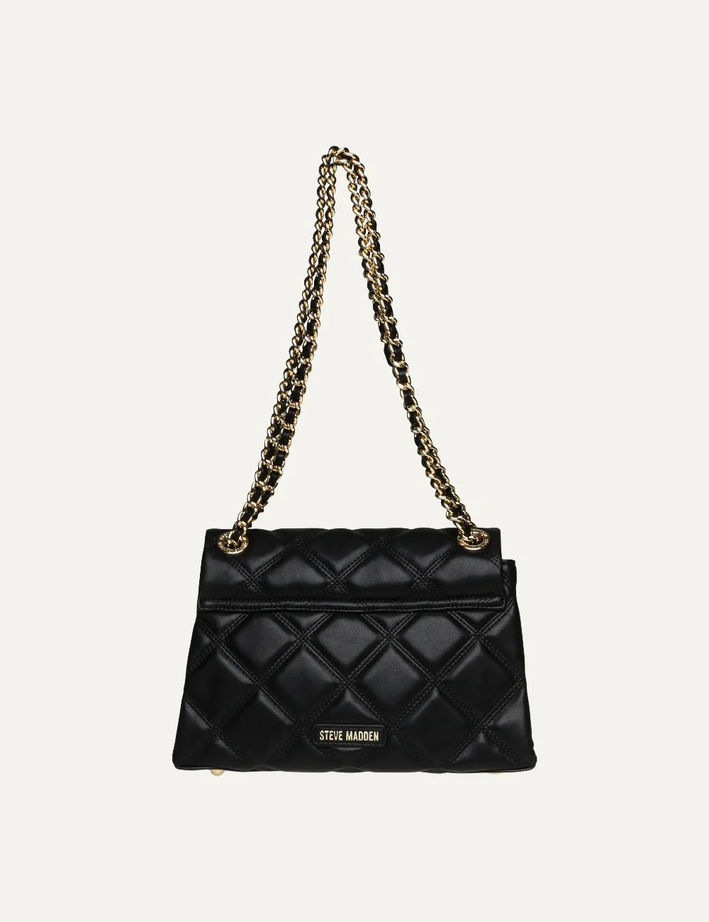 Steve Madden women's black quilted shoulder bag with diamond stitching, gold tone SM logo on front flap, magnetic closure and gold chain strap with woven black detailing,  back view