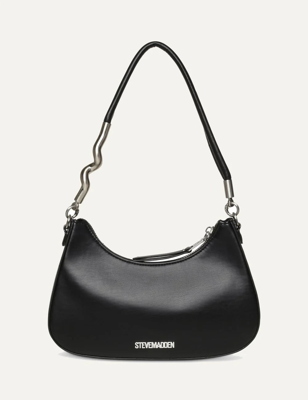 Steve Madden women's black and silver shoulder bag with reflective triangular embellishments, curved silhouette, silver tone SM logo, slim strap with sculptural metal detail and top zipper,  back view