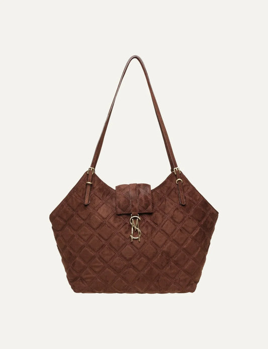 Steve Madden Bmckenna women's chocolate brown quilted suede-look fabric shoulder bag with diamond stitching, adjustable double shoulder straps and gold-tone logo hardware, front view.