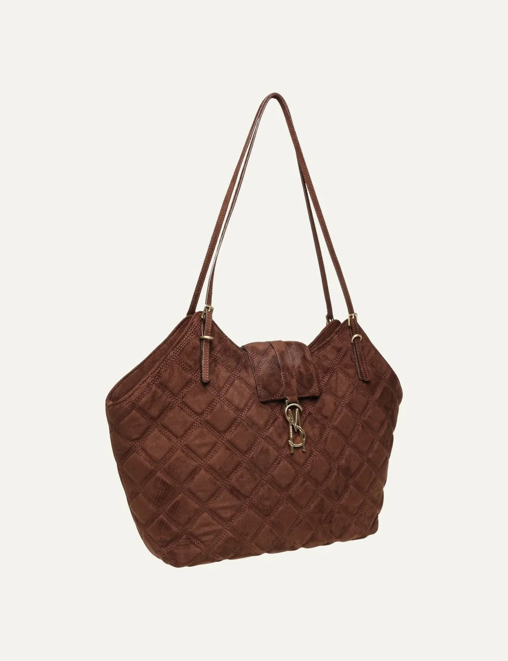 Steve Madden Bmckenna women's chocolate brown quilted suede-look fabric shoulder bag with diamond stitching, adjustable double shoulder straps and gold-tone logo hardware, side view
