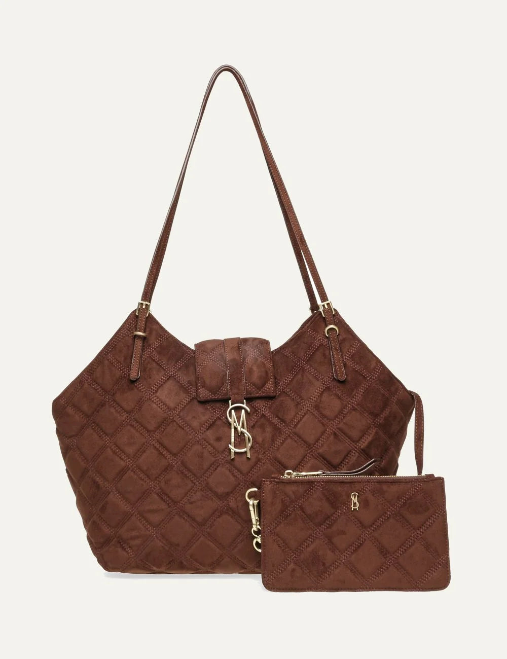 Steve Madden Bmckenna women's chocolate brown quilted suede-look fabric shoulder bag with diamond stitching, adjustable double shoulder straps and gold-tone logo hardware, front virew details