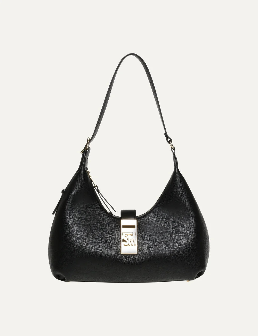 Steve Madden Bovie women's black synthetic hobo shoulder bag with pebbled texture, adjustable shoulder strap, gold tone logo plaque and top zip closure, front view.