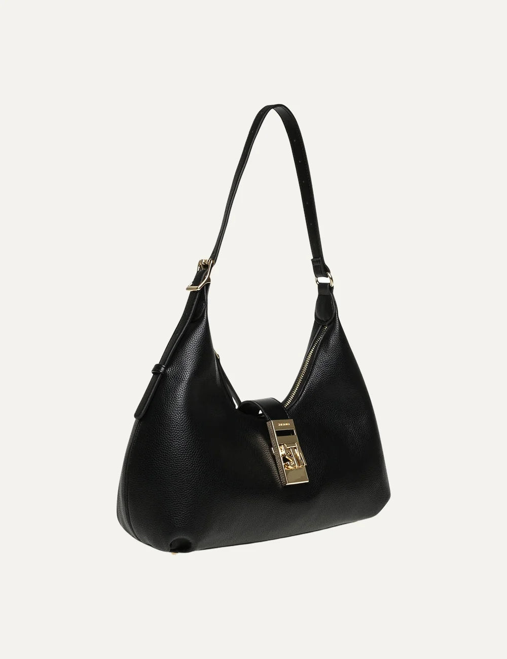 Steve Madden Bovie women's black synthetic hobo shoulder bag with pebbled texture, adjustable shoulder strap, gold tone logo plaque and top zip closure, side view