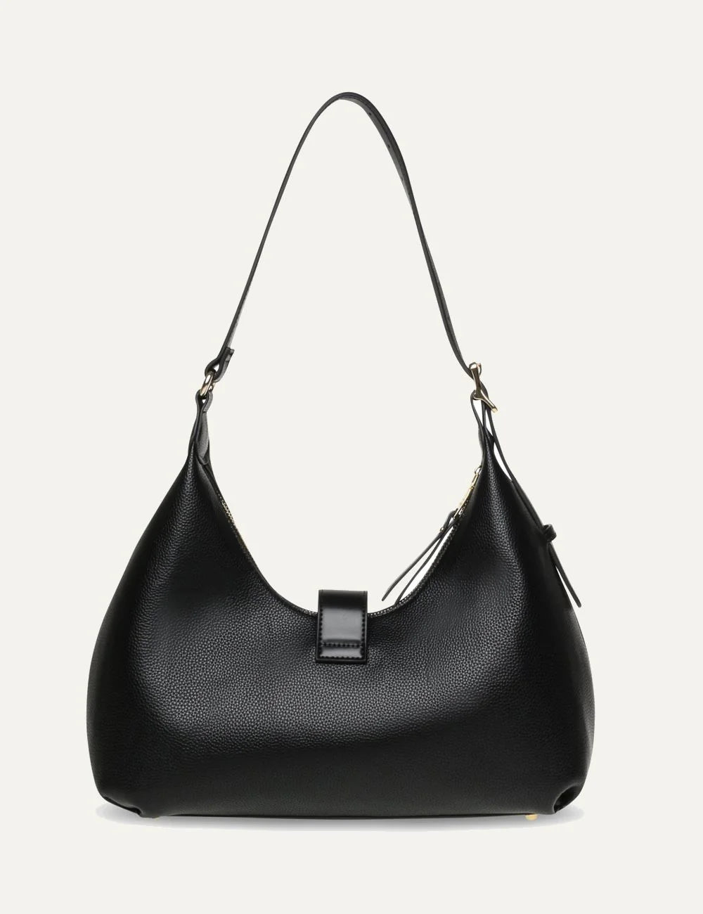 Steve Madden Bovie women's black synthetic hobo shoulder bag with pebbled texture, adjustable shoulder strap, gold tone logo plaque and top zip closure, back view