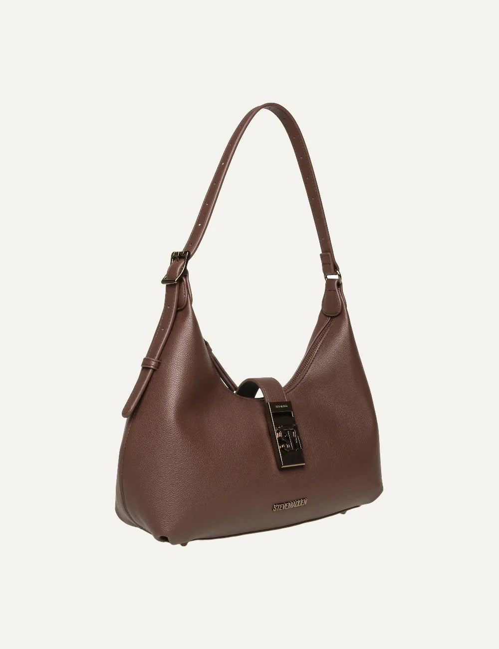 Steve Madden Bovie women's chocolate brown synthetic hobo shoulder bag with pebbled texture, adjustable shoulder strap, gold tone SM logo plaque, top zip closure and rounded silhouette, side view