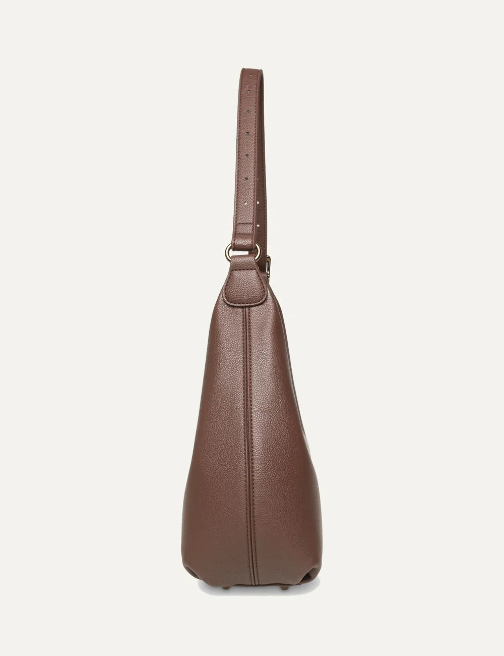 Steve Madden Bovie women's chocolate brown synthetic hobo shoulder bag with pebbled texture, adjustable shoulder strap, gold tone SM logo plaque, top zip closure and rounded silhouette, side view