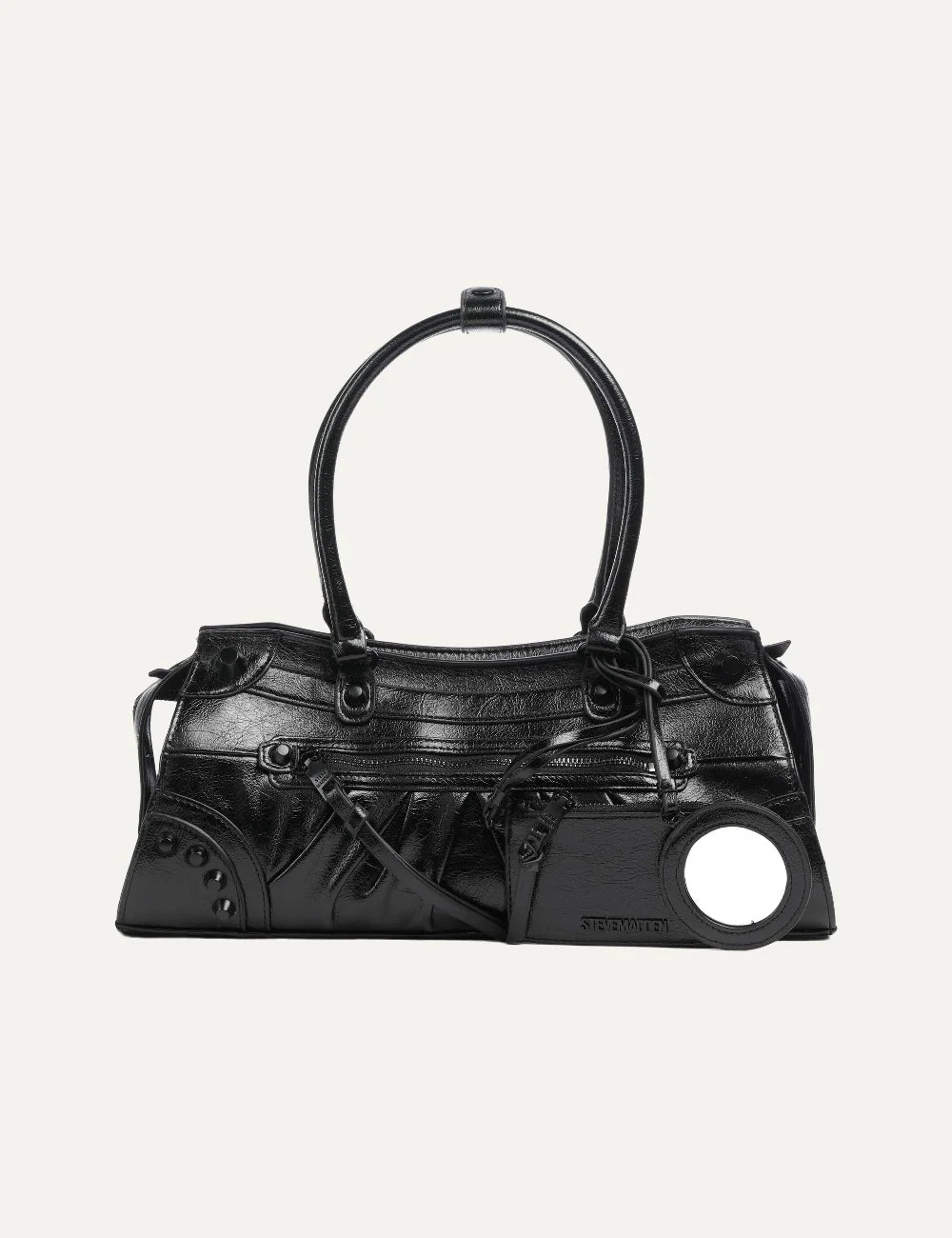 Steve Madden Bravyn women's black glossy faux leather east west shoulder bag with double rounded handles, front zip pocket, decorative studs, leather ties and detachable pouch with circular detail, front view.