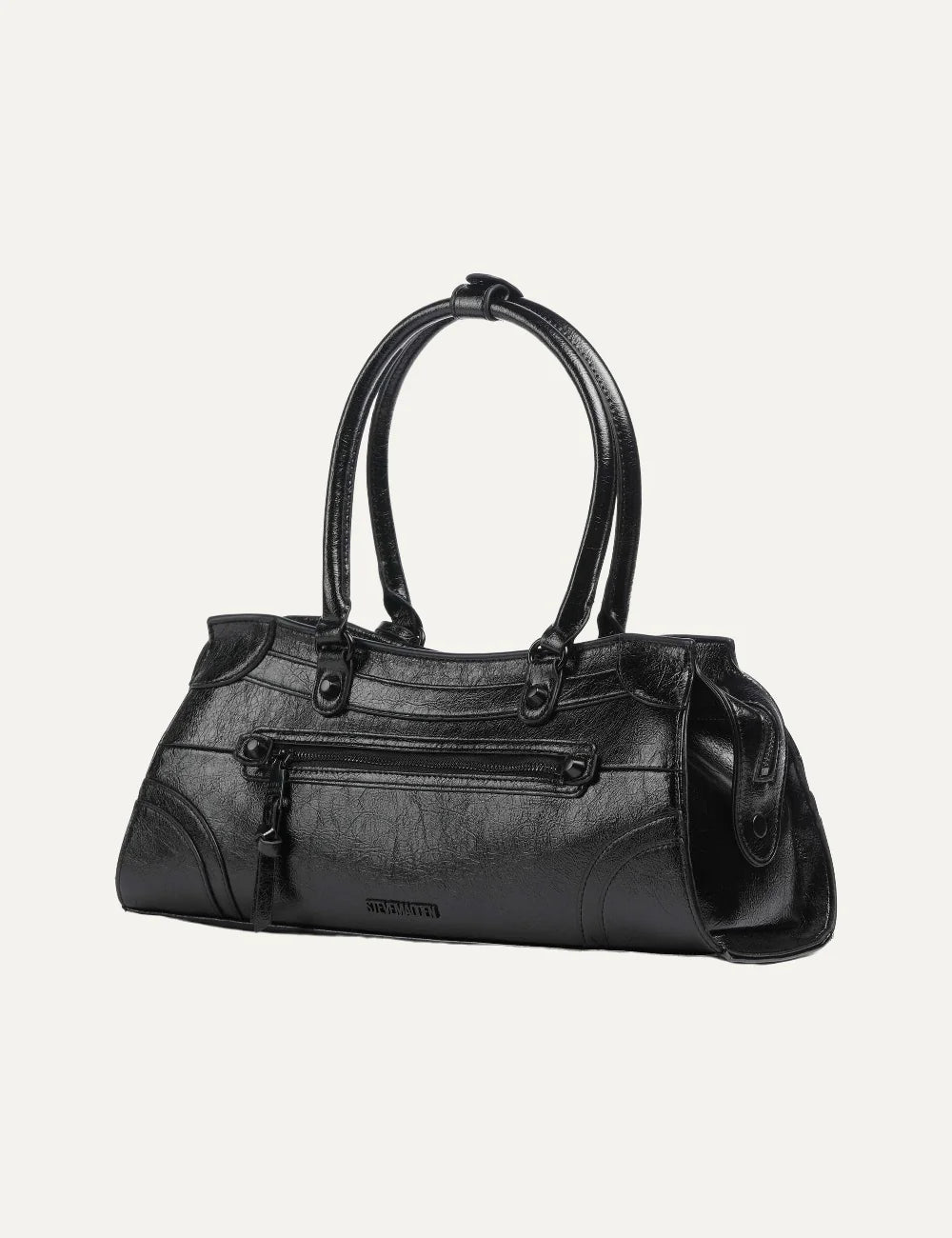 Steve Madden Bravyn women's black glossy faux leather east west shoulder bag with double rounded handles, front zip pocket, decorative studs, leather ties and detachable pouch with circular detail, back view
