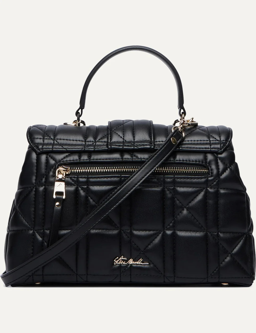 Steve Madden Bvault women's black quilted faux leather structured handbag with gold tone logo chain, top handle, front flap clasp and adjustable shoulder strap,  back view