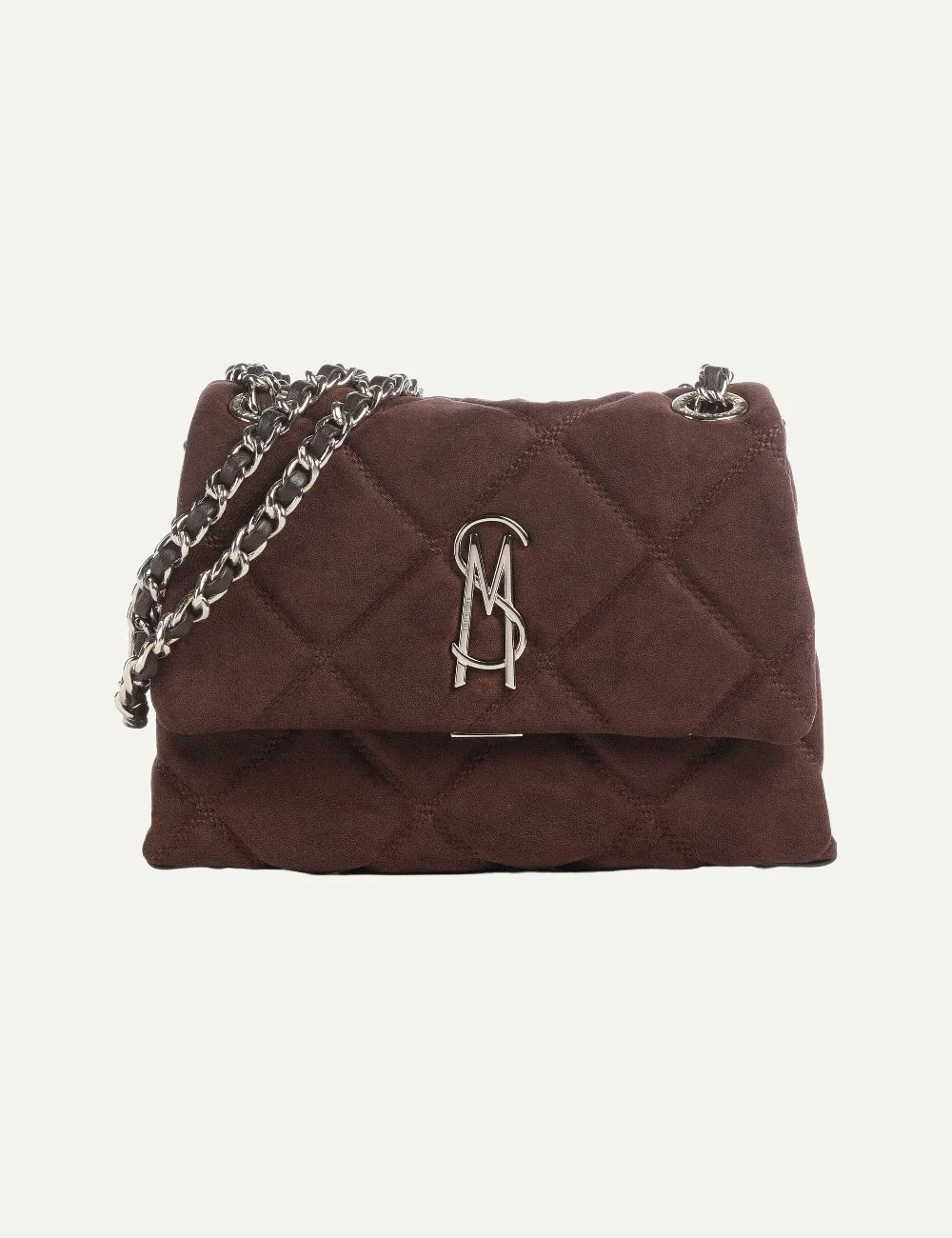 Steve Madden BVOLT-S women's dark brown quilted suede effect shoulder bag with diamond stitching, silver tone metal logo, flap closure and interwoven chain shoulder strap, front view.