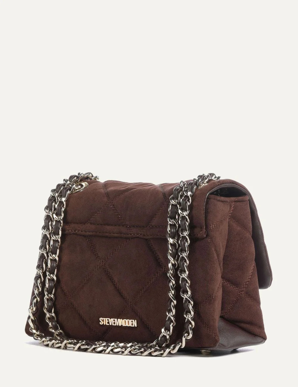 Steve Madden BVOLT-S women's dark brown quilted suede effect shoulder bag with diamond stitching, silver tone metal logo, flap closure and interwoven chain shoulder strap, back view