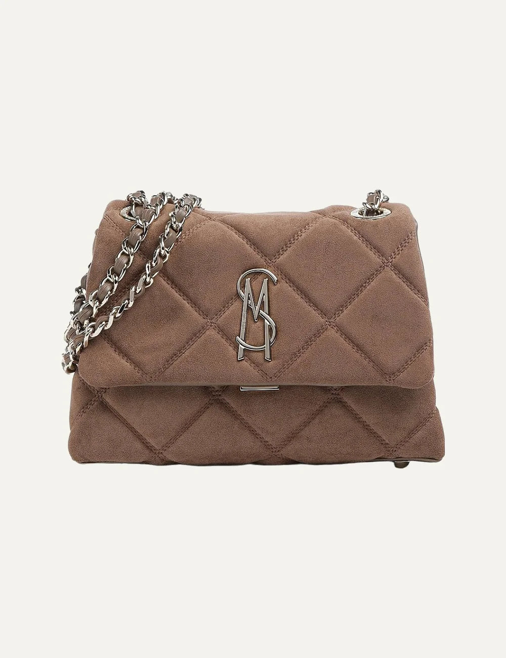 Steve Madden BVOLT-S women's taupe quilted suede effect shoulder bag with diamond stitching, silver tone metal logo, flap closure and interwoven chain shoulder strap, front view.