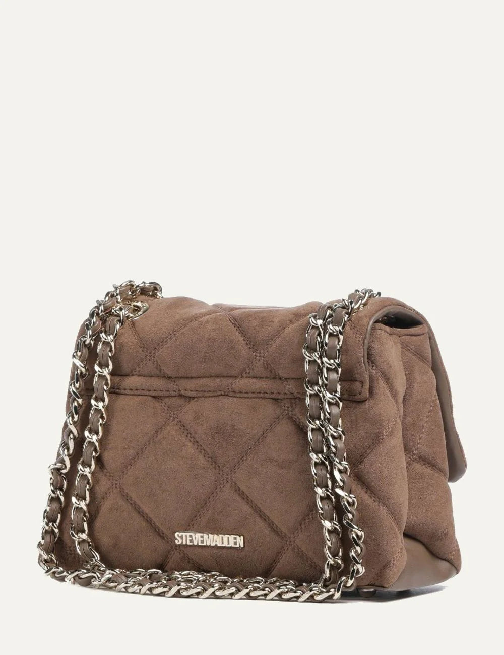 Steve Madden BVOLT-S women's taupe quilted suede effect shoulder bag with diamond stitching, silver tone metal logo, flap closure and interwoven chain shoulder strap, back view