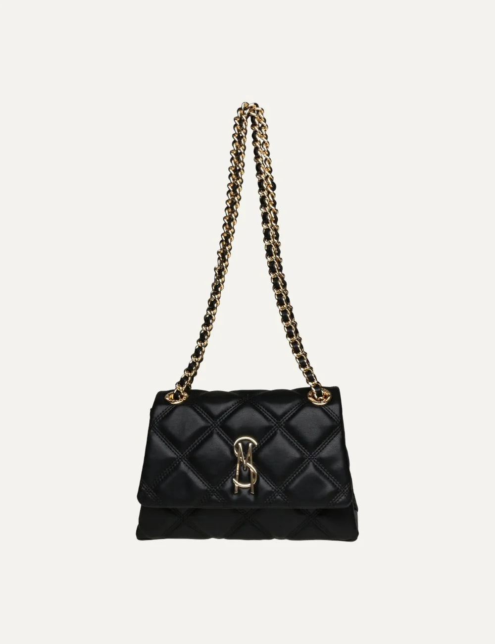 Steve Madden Bvolturi women's black quilted shoulder bag with diamond stitching, gold tone SM logo on front flap and convertible gold chain strap with woven black detailing, front view.
