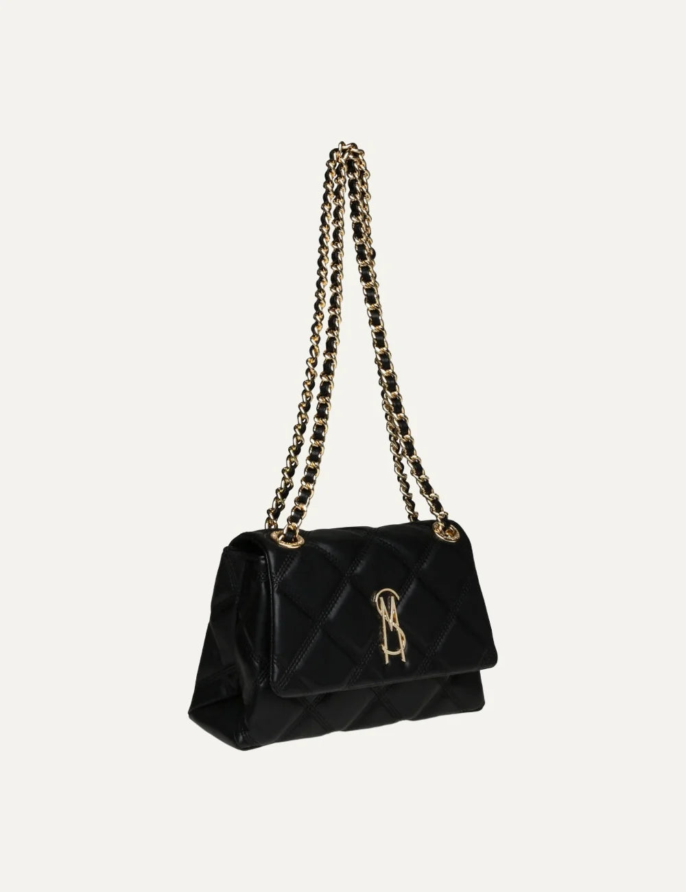 Steve Madden Bvolturi women's black quilted shoulder bag with diamond stitching, gold tone SM logo on front flap and convertible gold chain strap with woven black detailing, side view