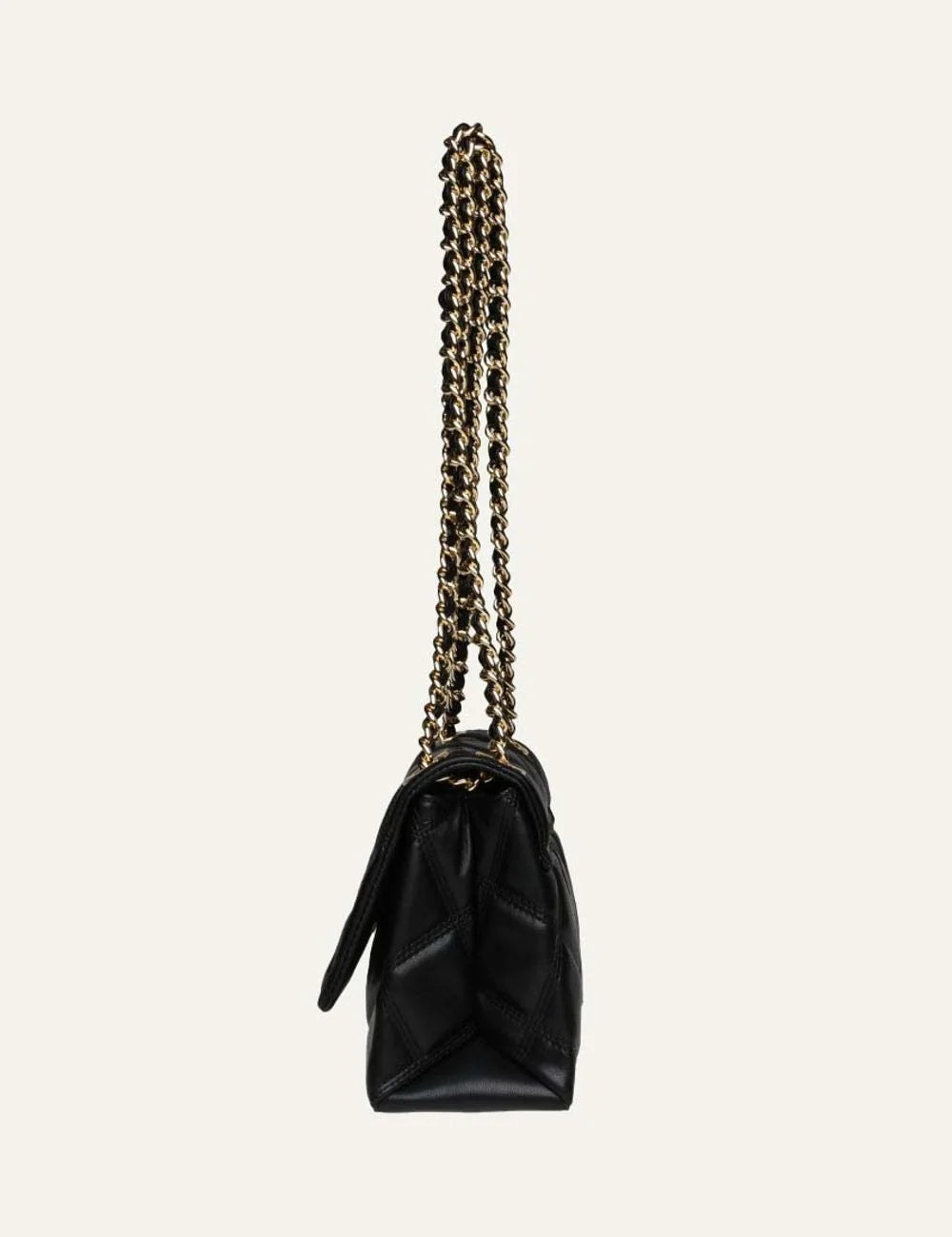 Steve Madden Bvolturi women's black quilted shoulder bag with diamond stitching, gold tone SM logo on front flap and convertible gold chain strap with woven black detailing,  side view