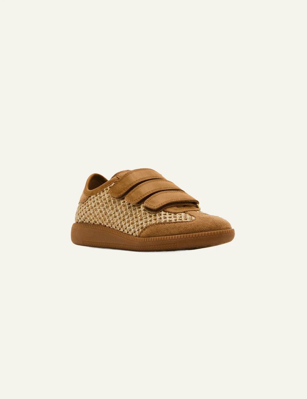steve madden camel woven velcro sneakers angled view
