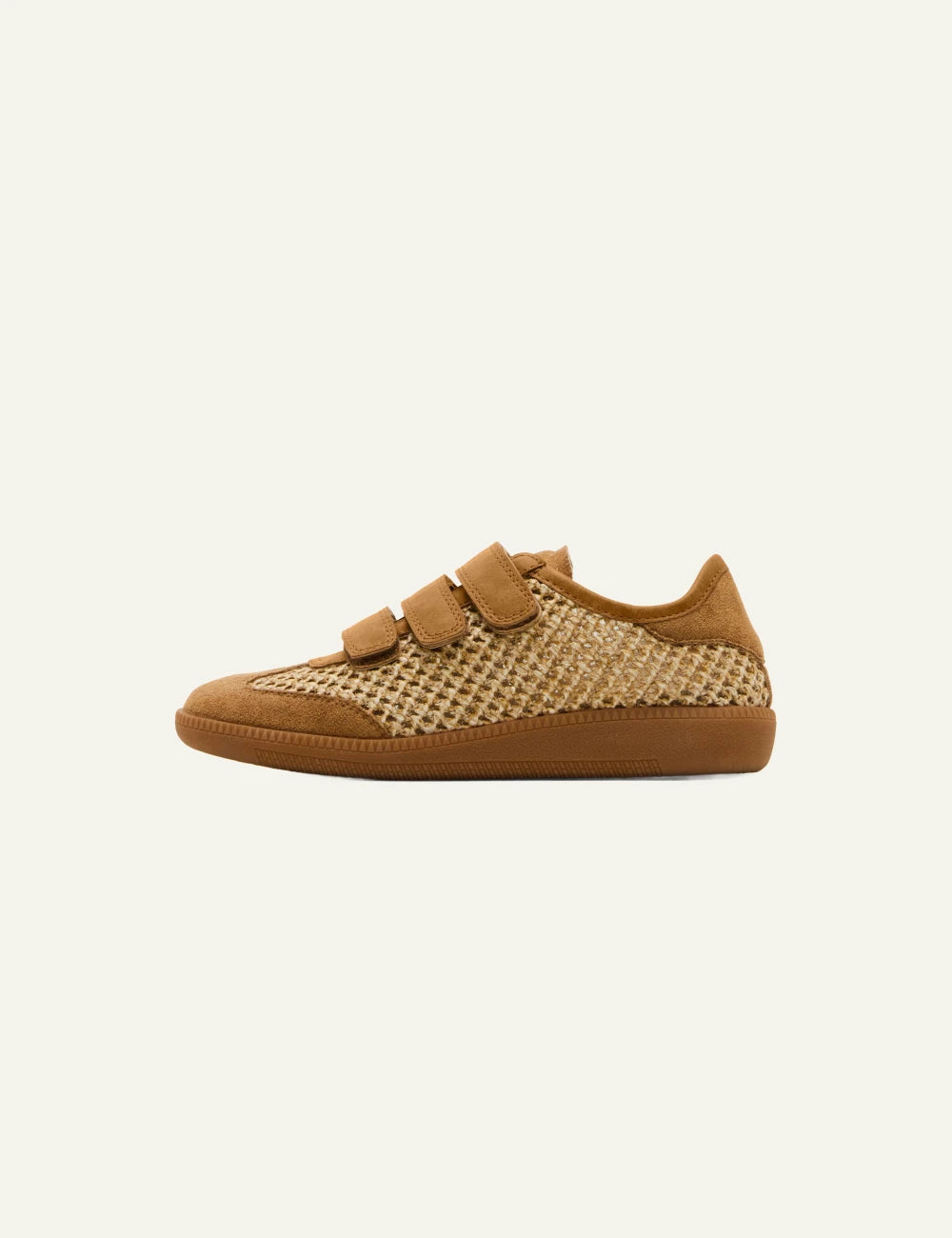 steve madden camel woven velcro sneakers profile view