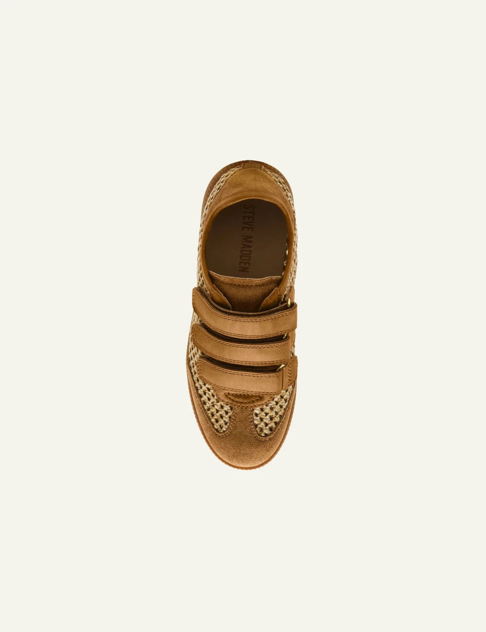 steve madden camel woven velcro sneakers top view