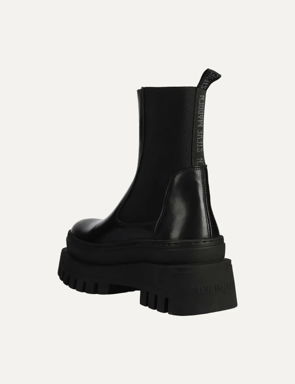 Steve Madden Cassandra women's black leather Chelsea ankle boots with elastic side panels, chunky 4.5 cm lug sole and rear pull tab, back view