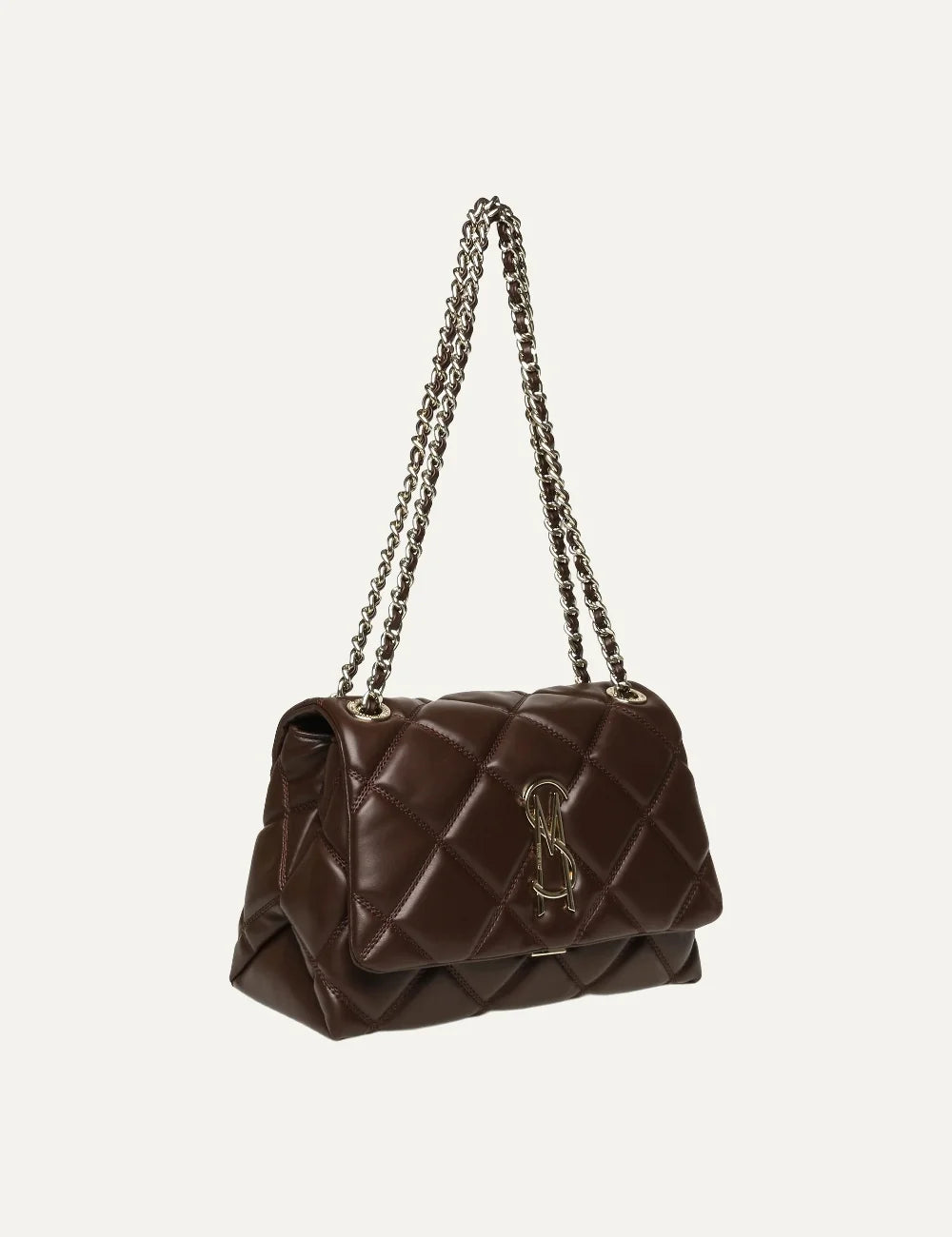 Steve Madden women's chocolate brown quilted shoulder bag with diamond stitching, gold tone SM logo on front flap, magnetic closure and gold chain strap with woven brown detailing,  side view