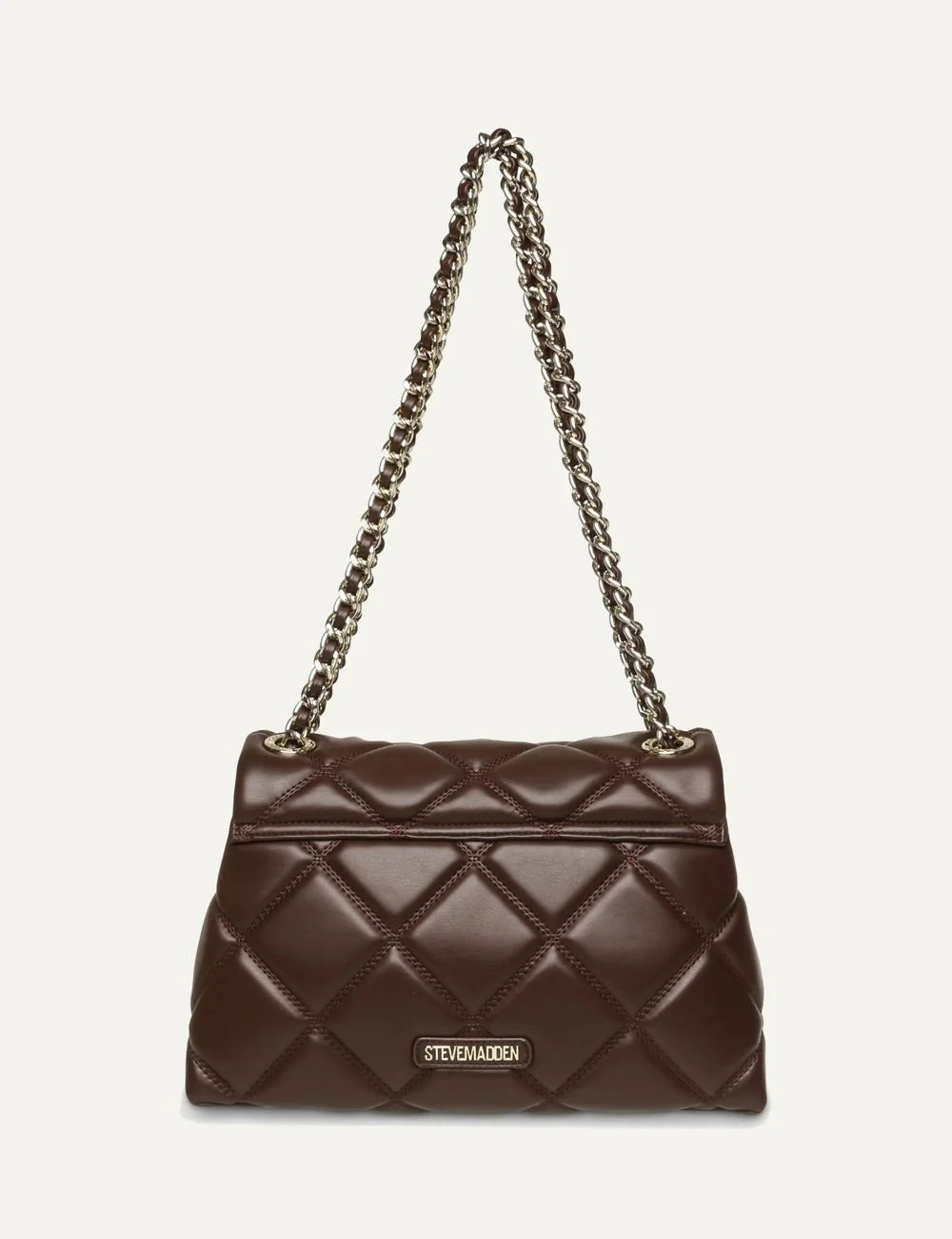 Steve Madden women's chocolate brown quilted shoulder bag with diamond stitching, gold tone SM logo on front flap, magnetic closure and gold chain strap with woven brown detailing,  back view