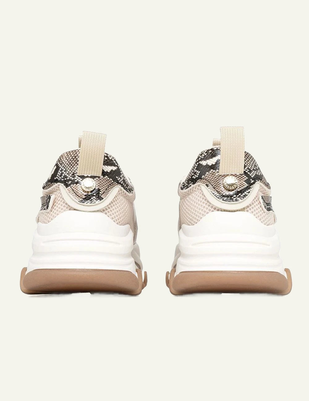 Steve Madden chunky sneaker beige gold snake print mesh back view