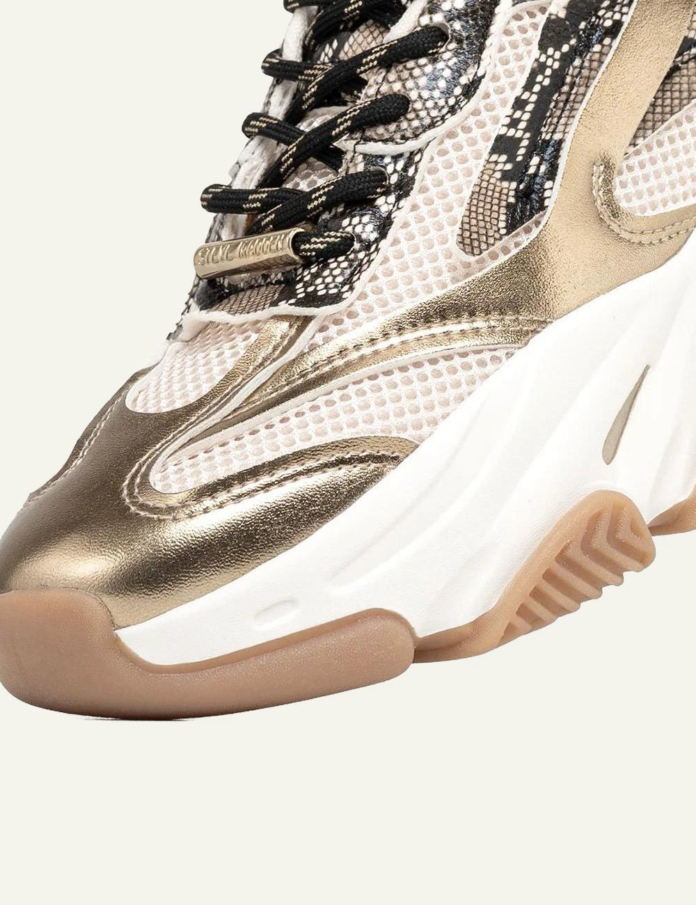Steve Madden chunky sneaker beige gold snake print mesh side detail view