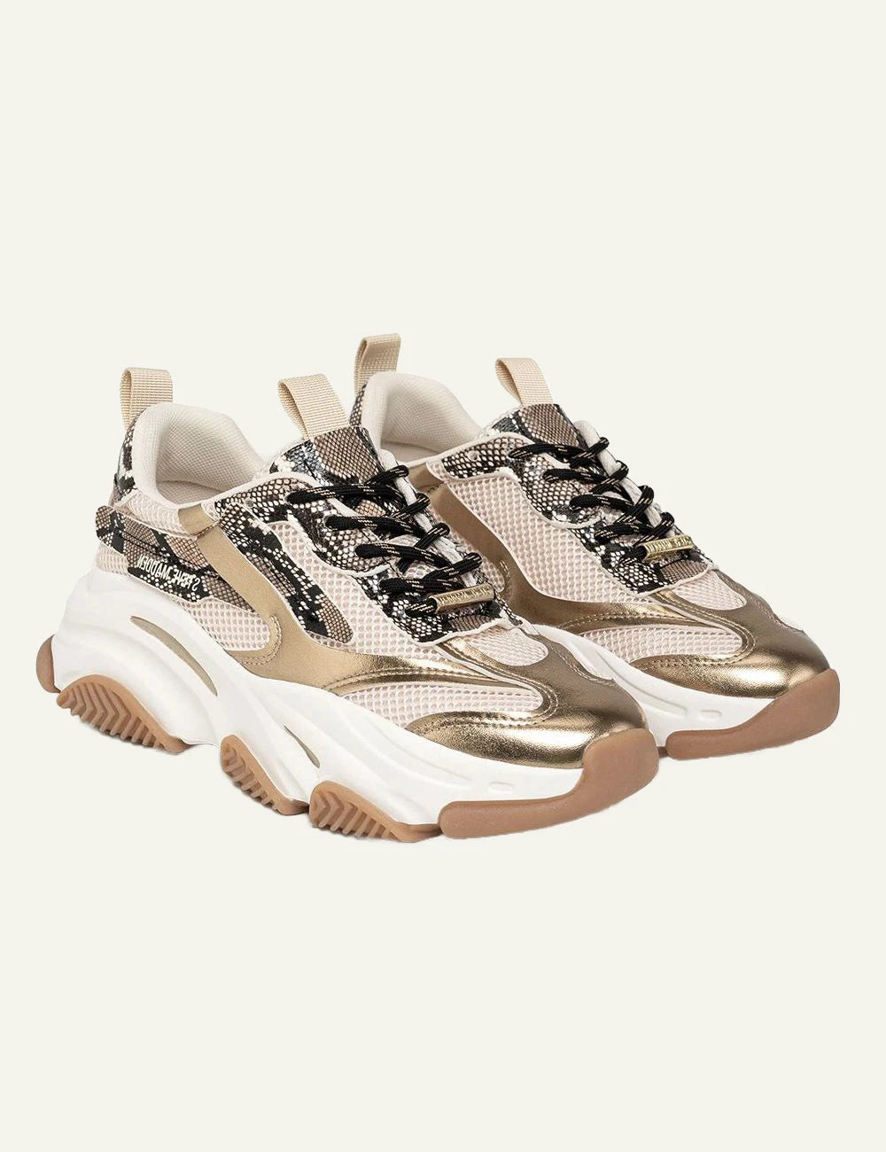 Steve Madden chunky sneaker beige gold snake print mesh angled view