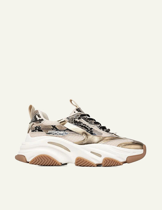 Steve Madden chunky sneaker beige gold snake print mesh side view