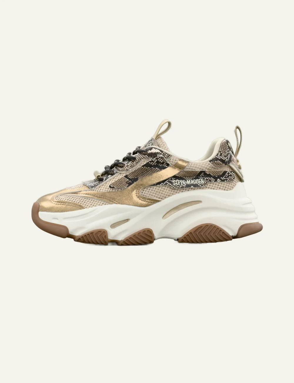 Steve Madden chunky sneaker beige gold snake print mesh profile view