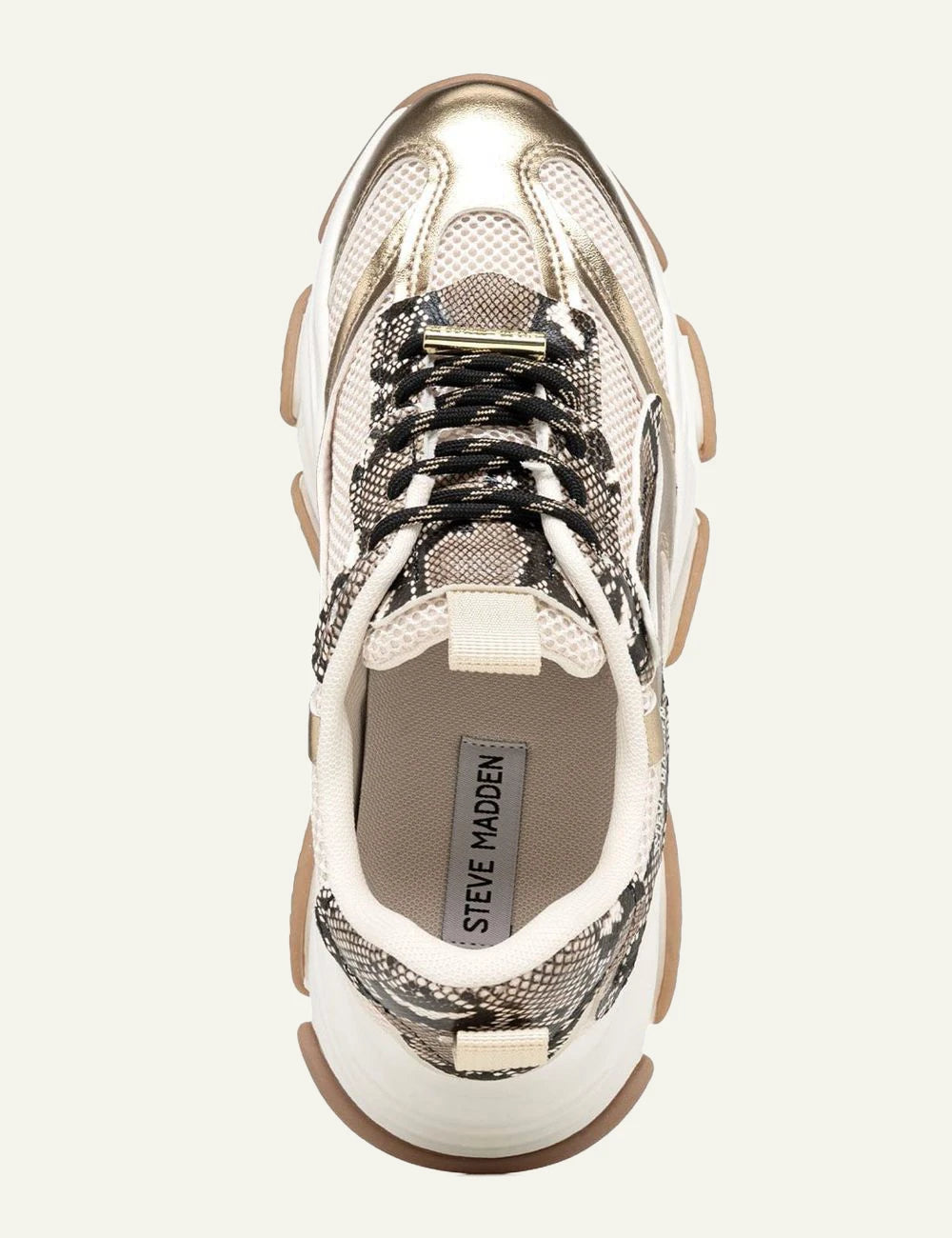 Steve Madden chunky sneaker beige gold snake print mesh top view