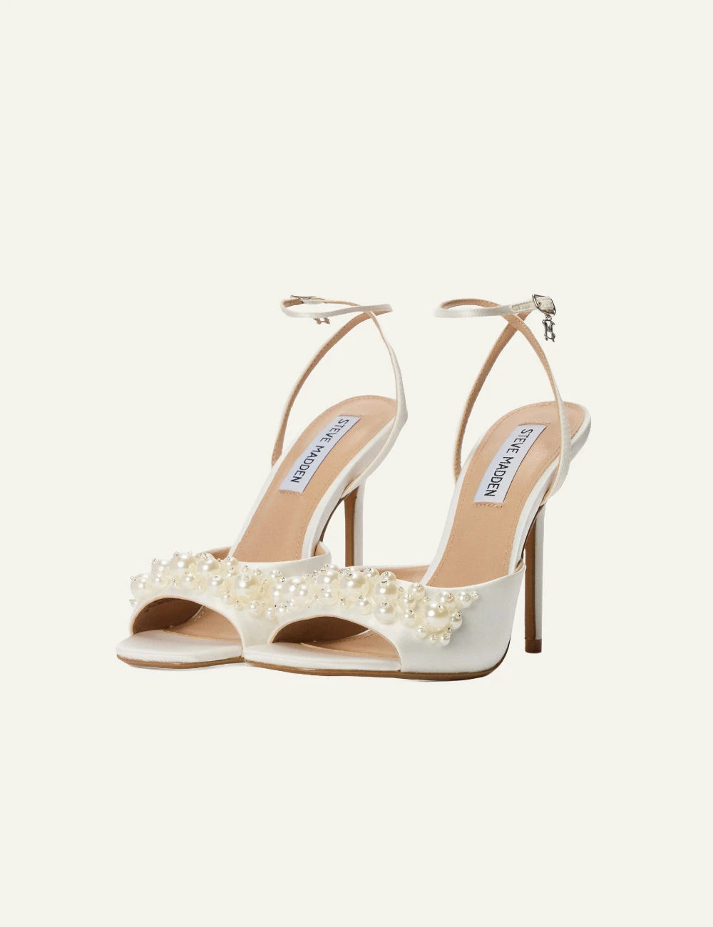 steve madden pearl embellished high heel sandals ivory ankle strap profile view