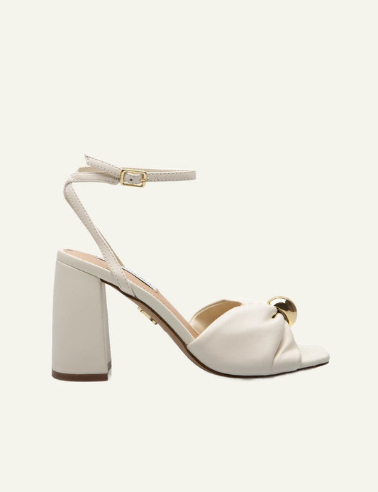Steve Madden ivory satin leather heel sandal gold detail side