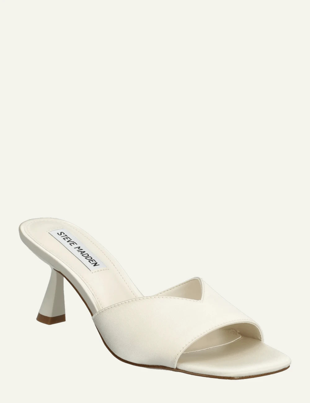 steve madden ivory satin mule heels angled view