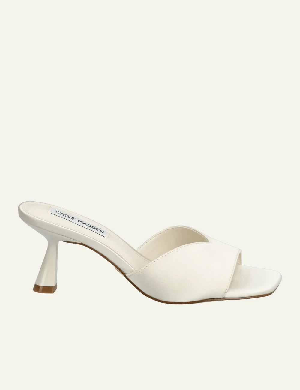 steve madden ivory satin mule heels side view