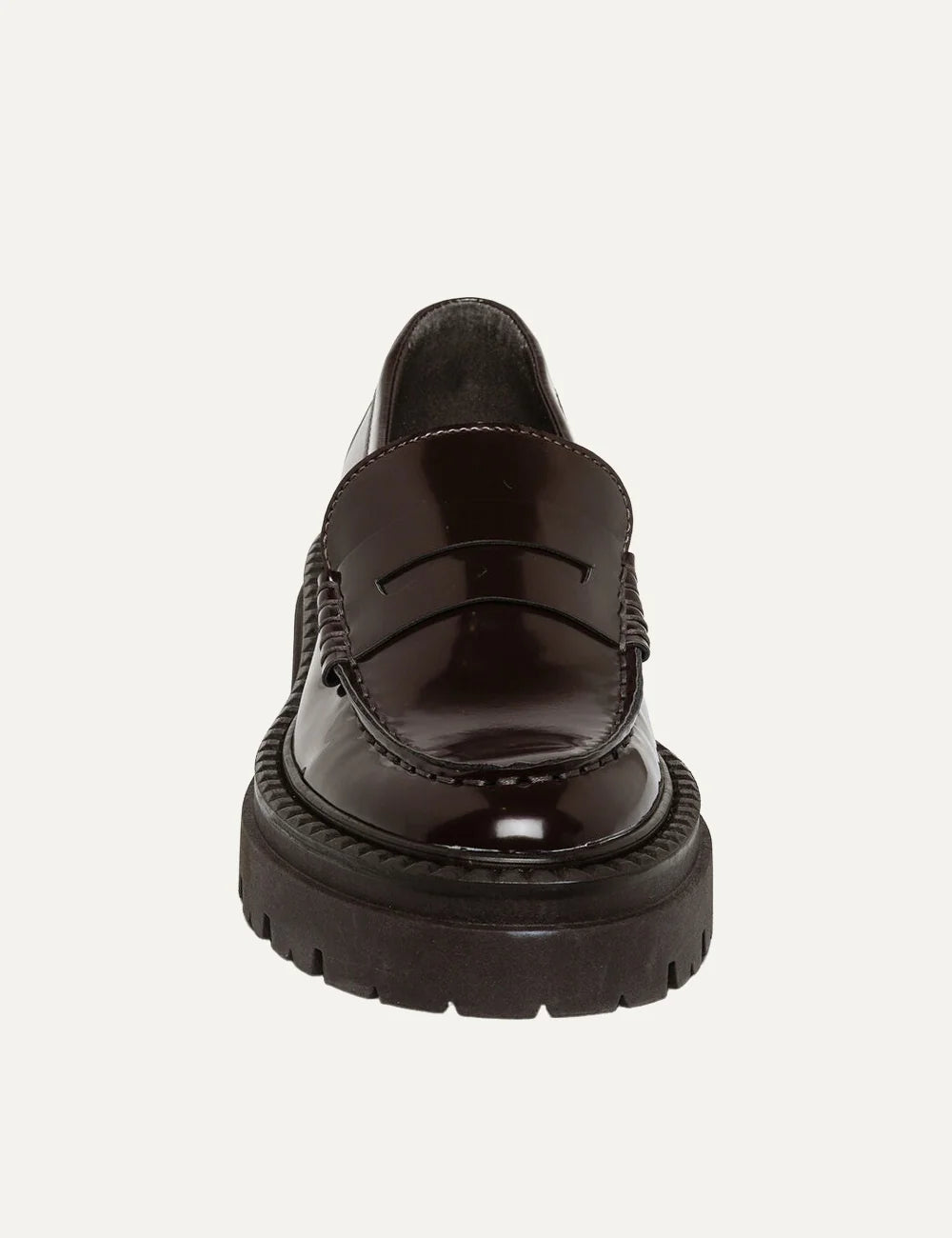 Steve Madden Katja women's dark brown glossy synthetic penny loafers featuring a classic vamp strap, moc toe stitching, slip-on design and chunky dark brown lug sole,  front view