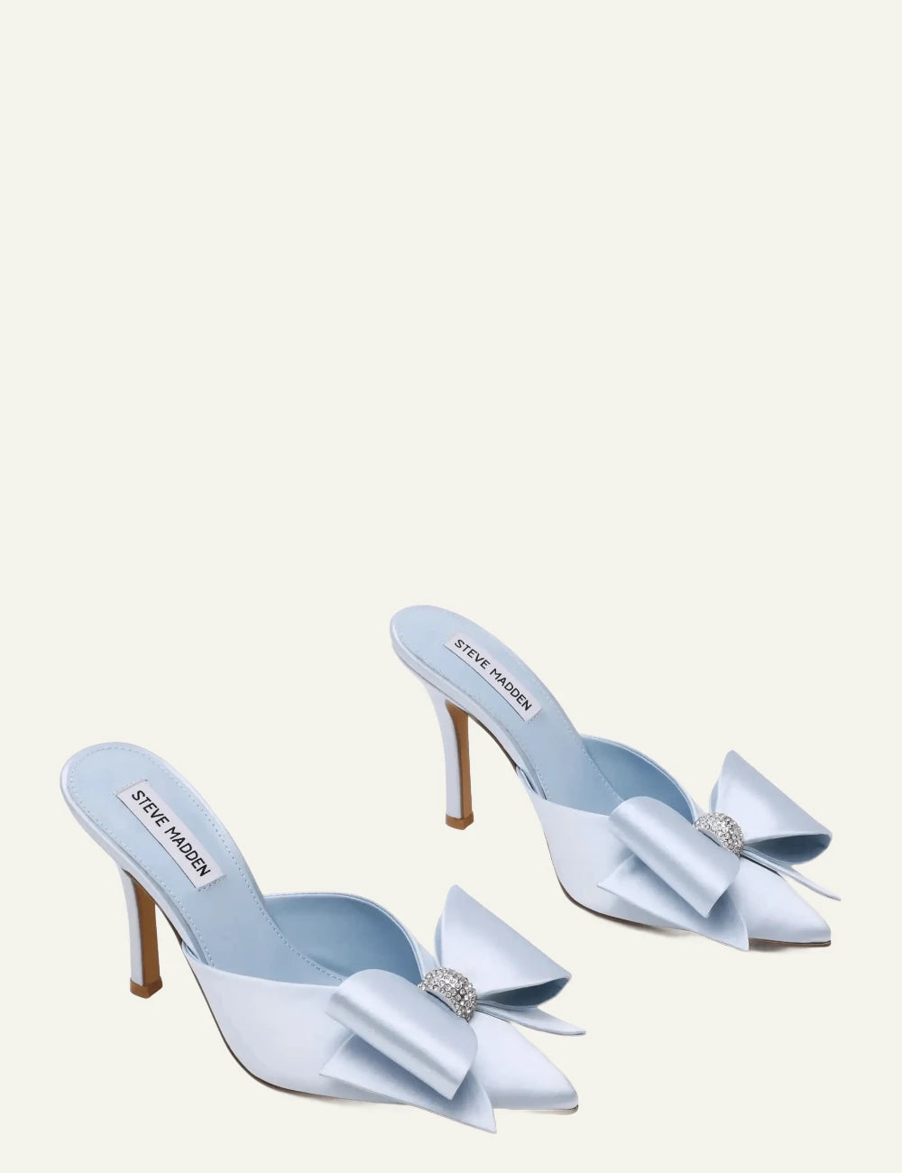 steve madden light blue satin bow heels profile view