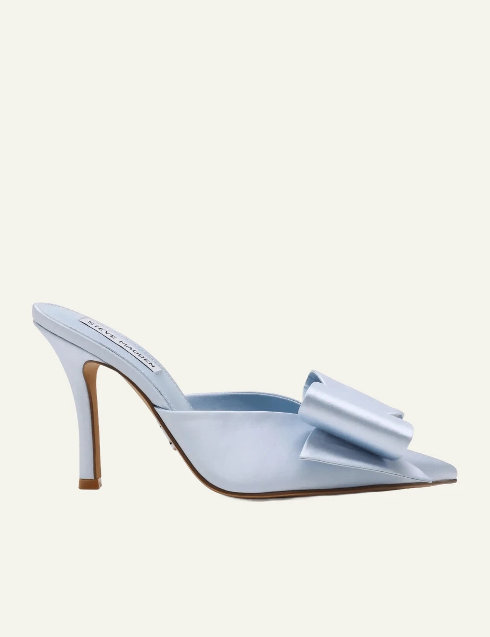 steve madden light blue satin bow heels side view