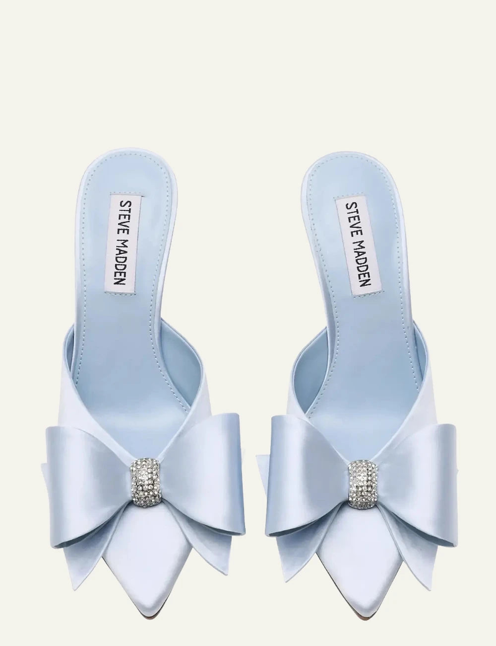steve madden light blue satin bow heels front view