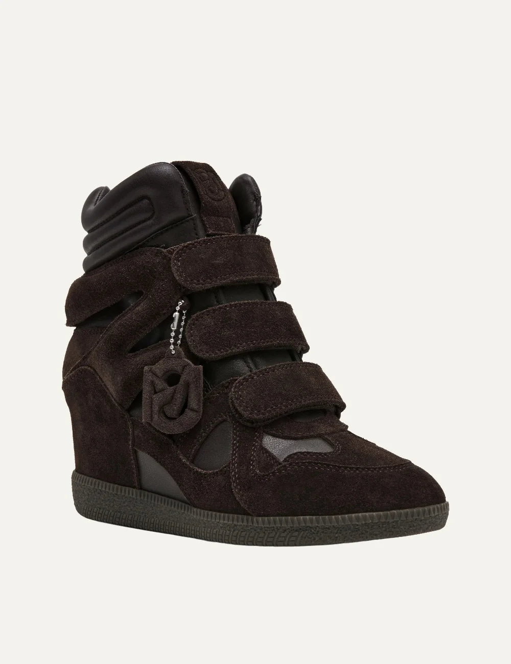 Steve Madden Mavis women's brown suede high-top wedge sneakers featuring three hook-and-loop straps, padded ankle collar, cutout suede overlays, dangling logo charm, concealed 2.5 cm wedge and textured rubber outsole, front angle view